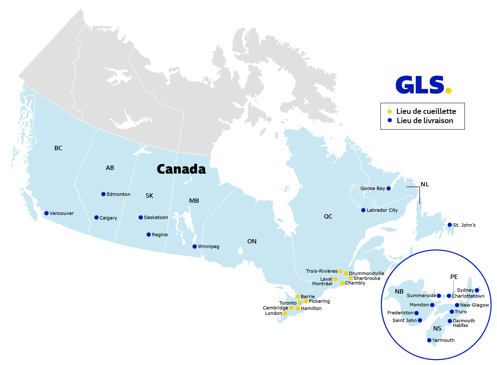 Carte du Canada montrant les points de cueillette et de livraison GLS Express