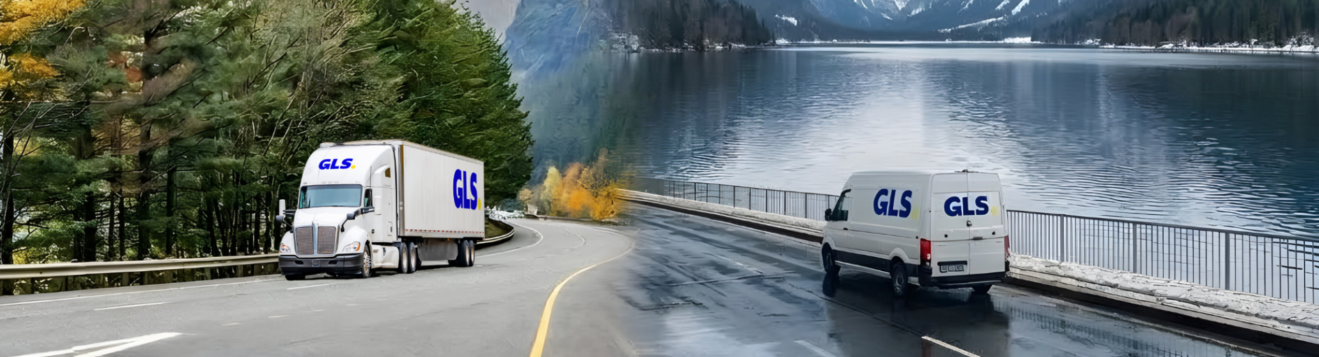 Image of Freight truck driving down a fall road merging with an image of a parcel van in winter.