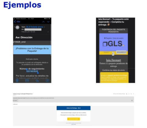 Ejemplos de correos electrónicos fraudulentos que suplantan a GLS, mostrando mensajes de incidencias en la entrega, solicitudes de actualización de datos y enlaces de seguimiento falsos.